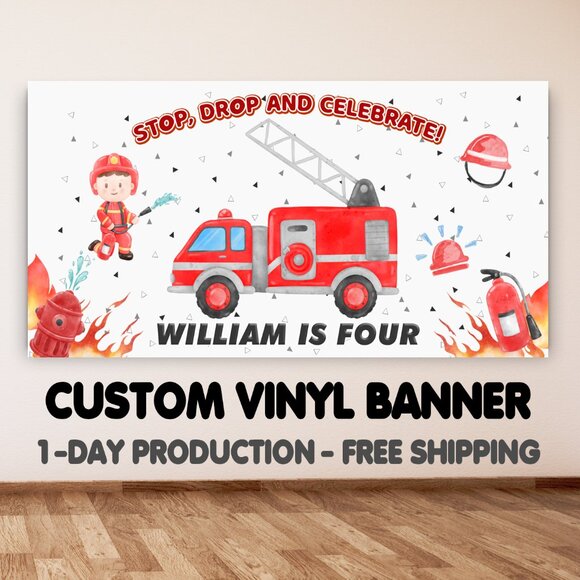 Fire Truck Personalized Birthday Banner, 3ft x 5ft Fireman Birthday Banner